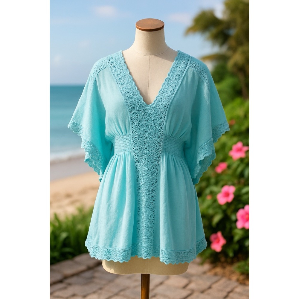 Cotton Natural Womens XXL Sky Blue 100% Cotton Crochet Boho Lagenlook Tunic Top
